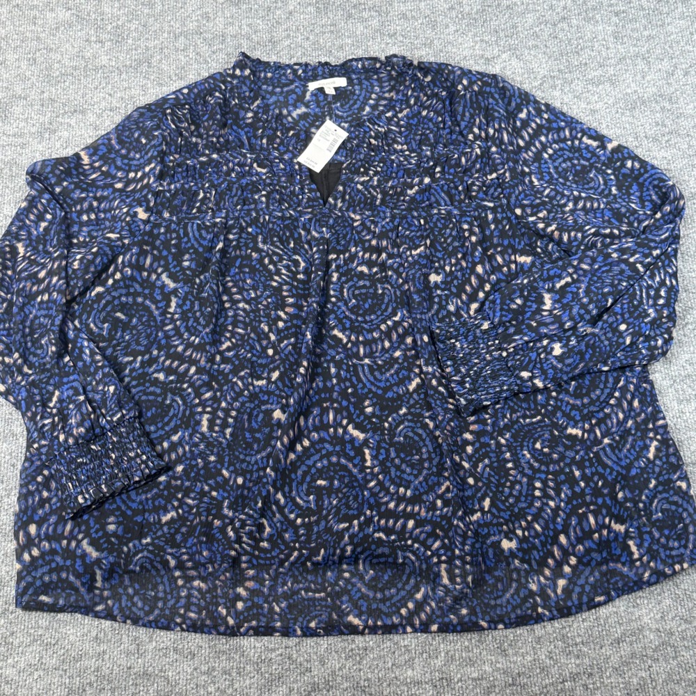 Womens Flowy Smocked 1X Blouse Blue Black Abstract Print Lined‎ V Neck LS Top